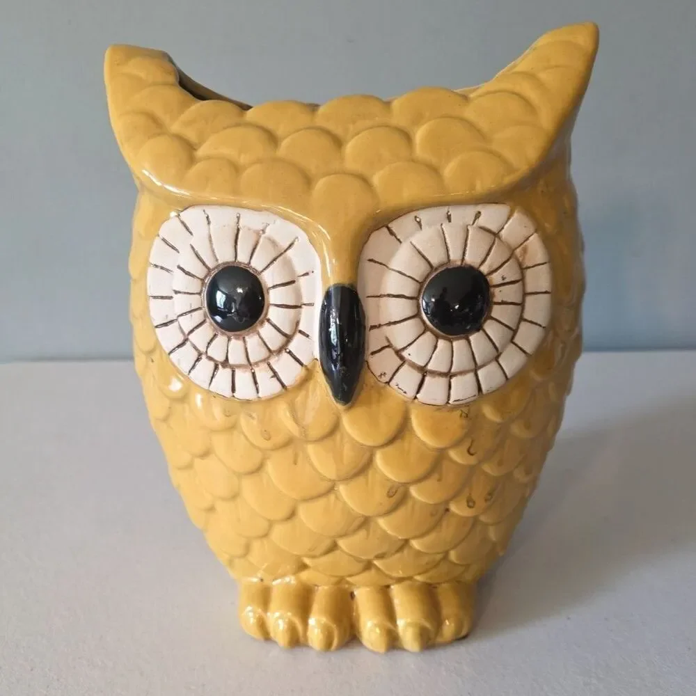 Vintage Yellow Ceramic Owl Planter 9.5” Tall Mid Century Pottery Vase